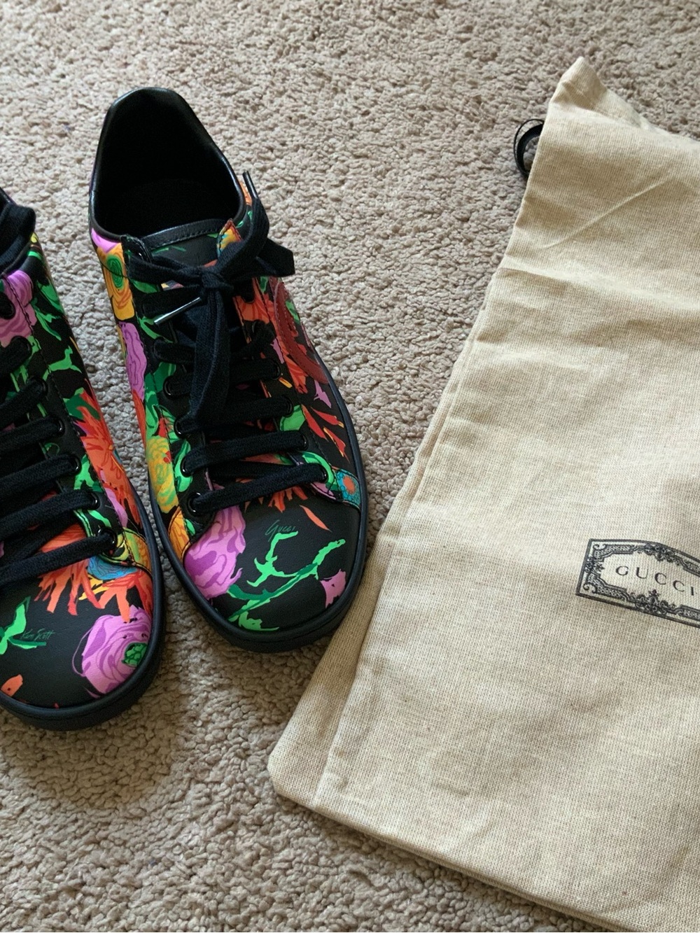 Gucci X Ken Scott Ace Women’s Black Casual Floral Logo Leather Sneakers Size 37 - Picture 1 of 13